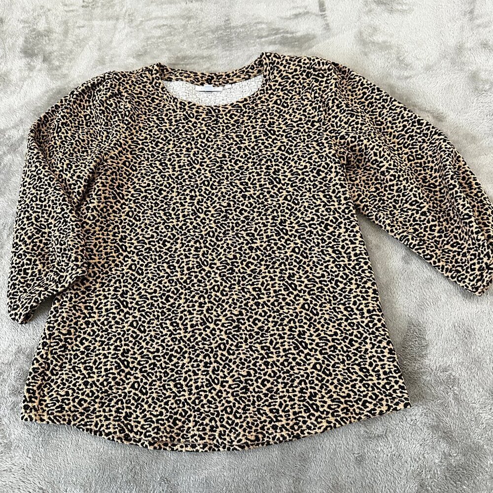 Chico's Animal Print Cheetah Puff Sleeve Crew Neck Blouse 2 US LARGE Textured